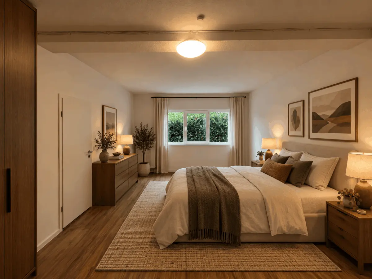 Helles Schlafzimmer mit Bett