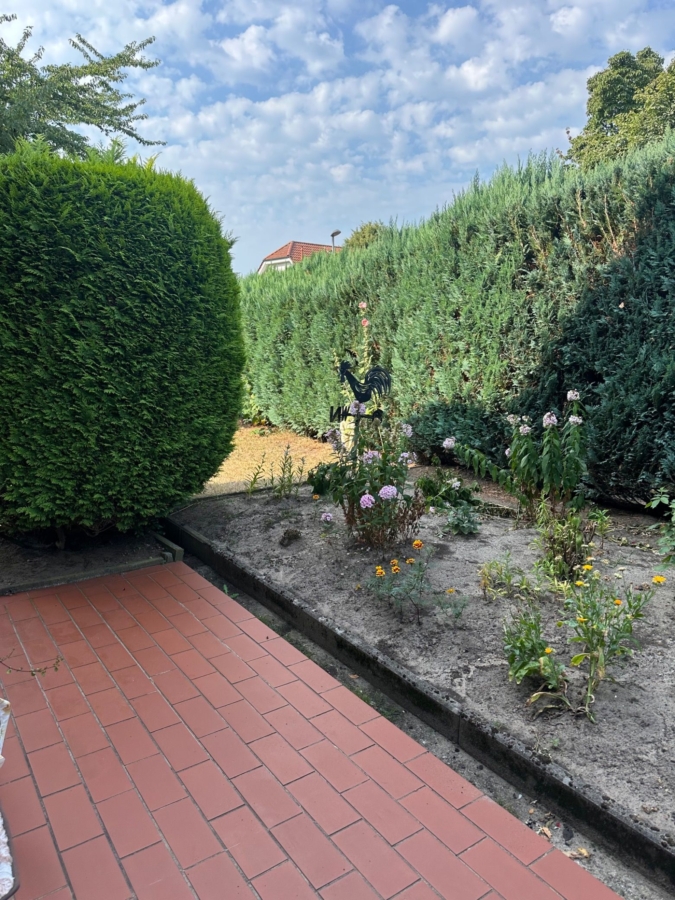 Sonnige Terrasse mit Garten